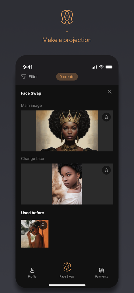 Sibyl AI - Interfaz de la aplicación Sibyl AI mostrando la función de Intercambio de Rostros para crear proyecciones espirituales
