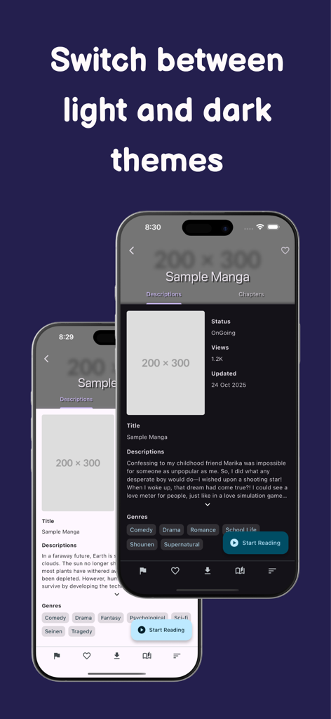 Manga Cookie Browser - Comparação de temas de leitura claro e escuro na interface do aplicativo Manga Cookie Browser