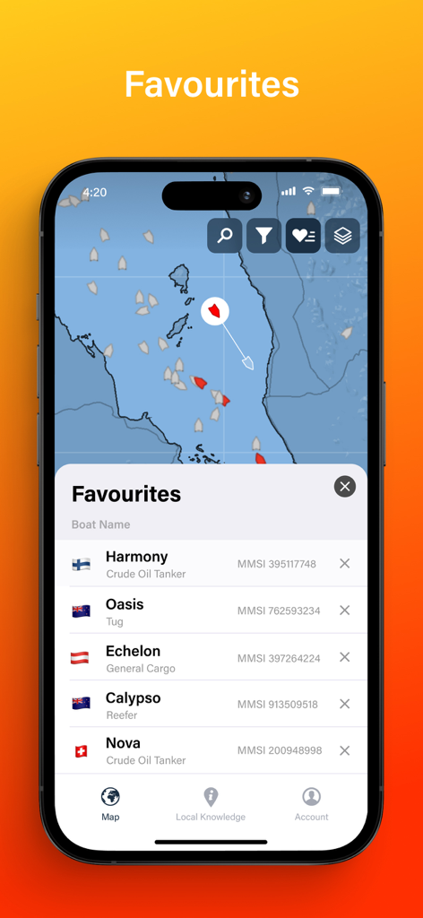 AIS Explorer - Aplicación AIS Explorer que muestra una lista de barcos y petroleros favoritos en un mapa de navegación marítima