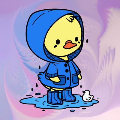 baby duck in a rain coat and boots, in a puddle while it’s raining