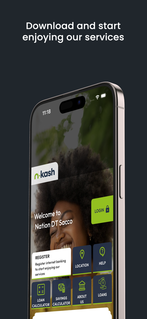 n-kash - Pantalla de bienvenida de la aplicación móvil n-kash para Nation DT Sacco mostrando registro y opciones de préstamo