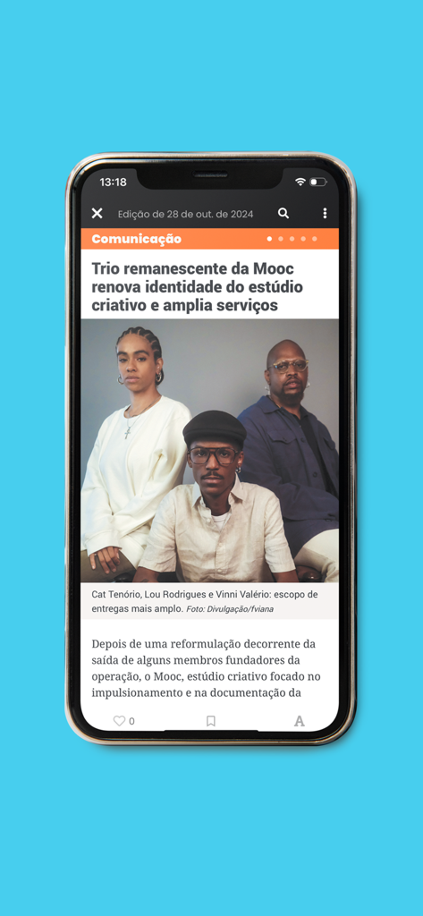 An iPhone screen displaying a Portuguese news article from the Meio and Mensagem app focused on marketing and communication trends.