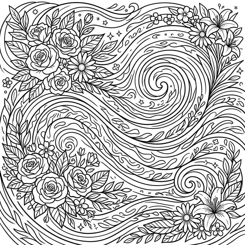 Experience the stunning blend of science and nature with this Gravitational Waves x Spring coloring page. Intricate cosmic ripples intertwine with beautiful spring flowers, offering a unique and captivating artistic journey.