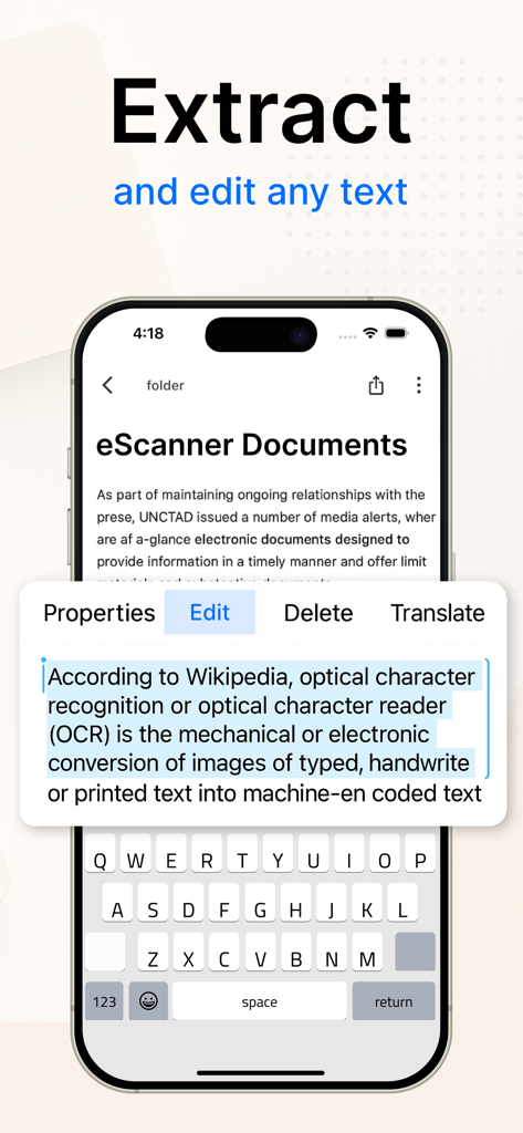 Photo to PDF converter scan. - La aplicación eScanner mostrando la extracción y edición de texto OCR en un smartphone.