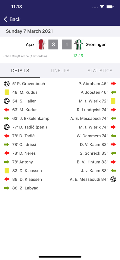 Captura de pantalla de los detalles del partido de fútbol Ajax contra Groningen con el marcador y los eventos del juego.