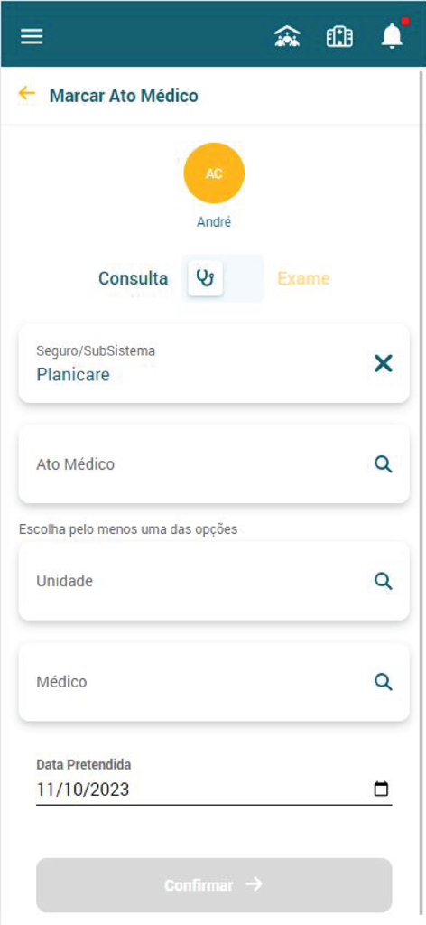 Interface for scheduling medical appointments and exams in the Trofa Saude 24 app