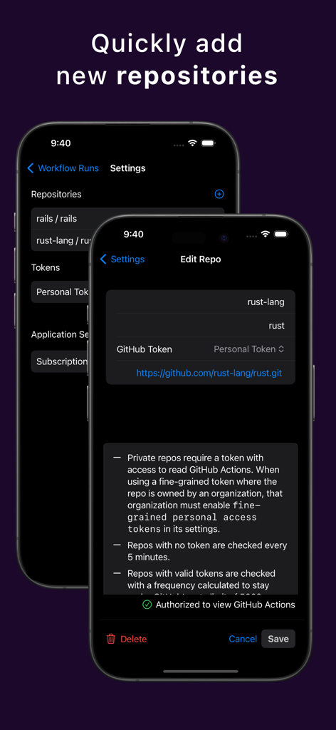 Test Reflector - Screenshot showing how to add and edit GitHub repositories in the Test Reflector app interface.