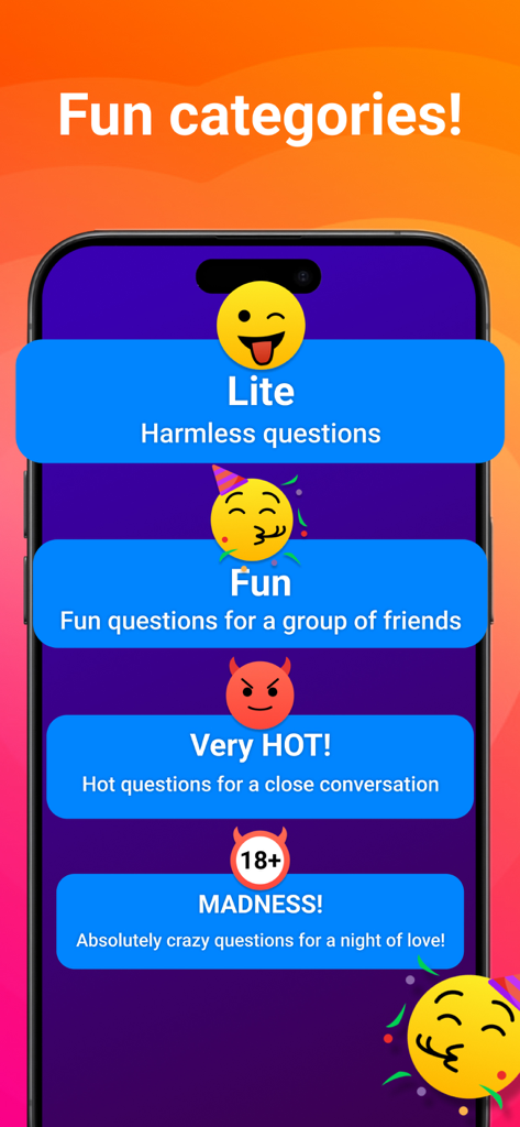 A smartphone displaying four game modes for the Spin the Bottle app ranging from Lite to Madness with descriptive icons.