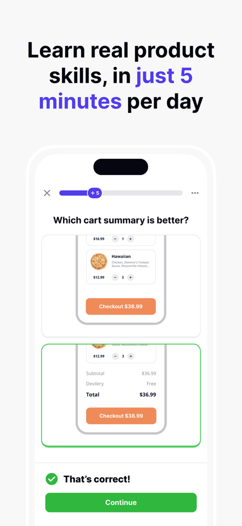 Uxcel: Learn UX design, PM, AI - Quiz interattivo di UX design nell'app Uxcel che confronta i layout del riepilogo del carrello con una notifica di risposta corretta.