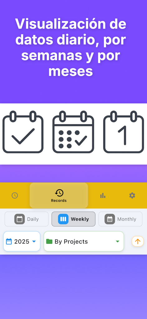 WorkTime: Hours Tracker Log - Interfaz de la aplicación WorkTime que muestra opciones para ver las horas de trabajo por día, semana o mes