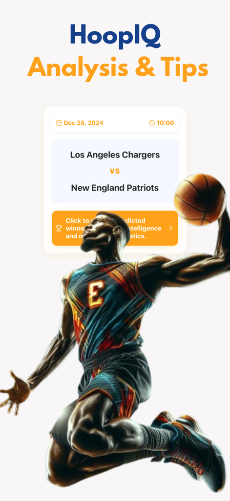 basketball Stats - Hoop IQ - Hoop IQ app display showing basketball analysis tips and game predictions with a player in action