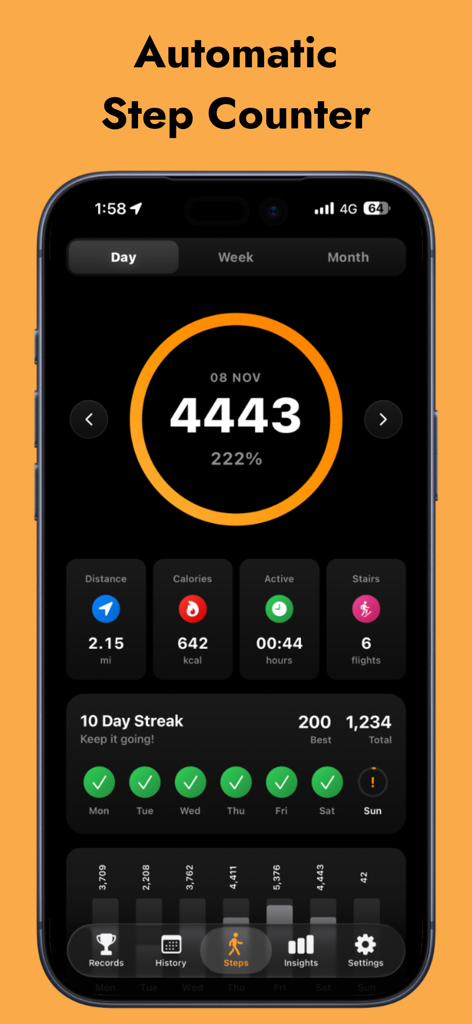 Tableau de bord du podomètre Steps App montrant la progression des pas quotidiens, les séquences d'anneaux et les métriques de santé en mode sombre