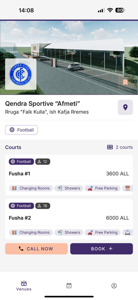 Squadin - Squadin mobile app screen showing football court reservation details with prices and amenities at a sports center.