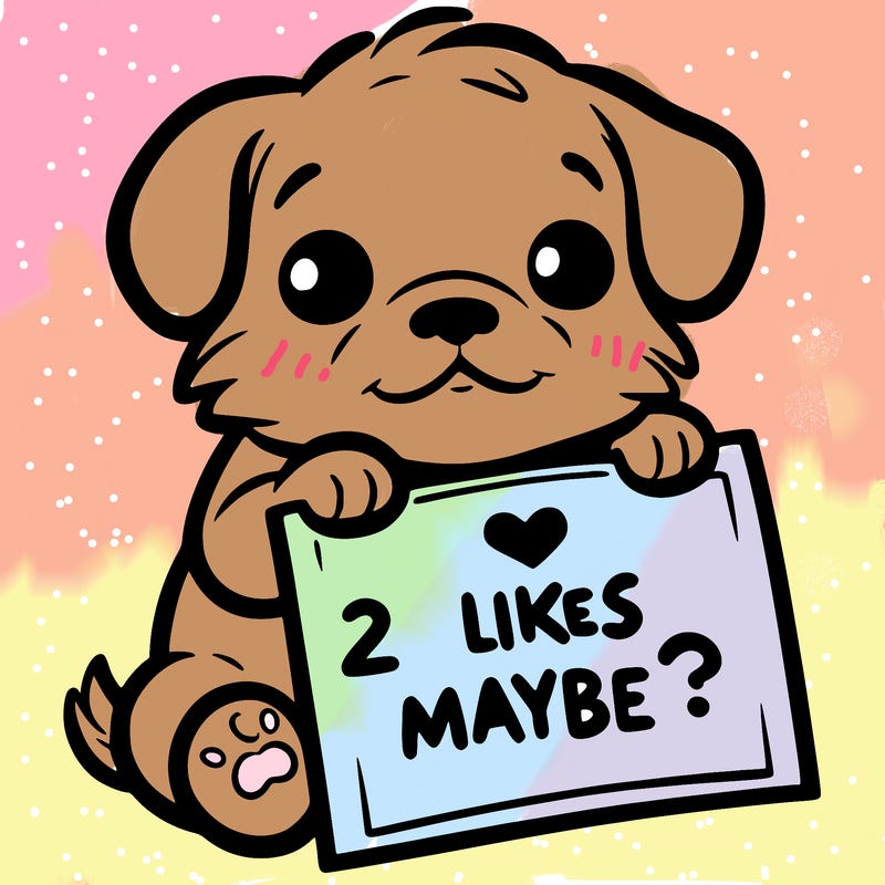a puppy holding a sign that says 2 likes maybe?