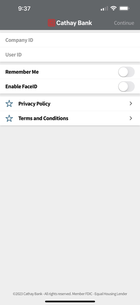 Cathay Bank Business Mobile - Login screen for the Cathay Bank Business Mobile app featuring Company ID User ID fields and a FaceID toggle.