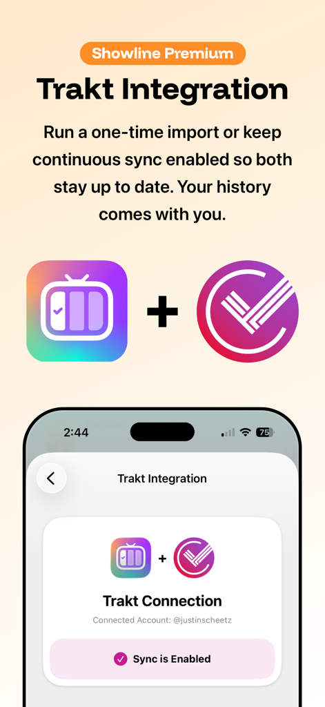 Showline: TV & Movie Tracker - Showline app screen showing Trakt integration for syncing TV and movie watching history