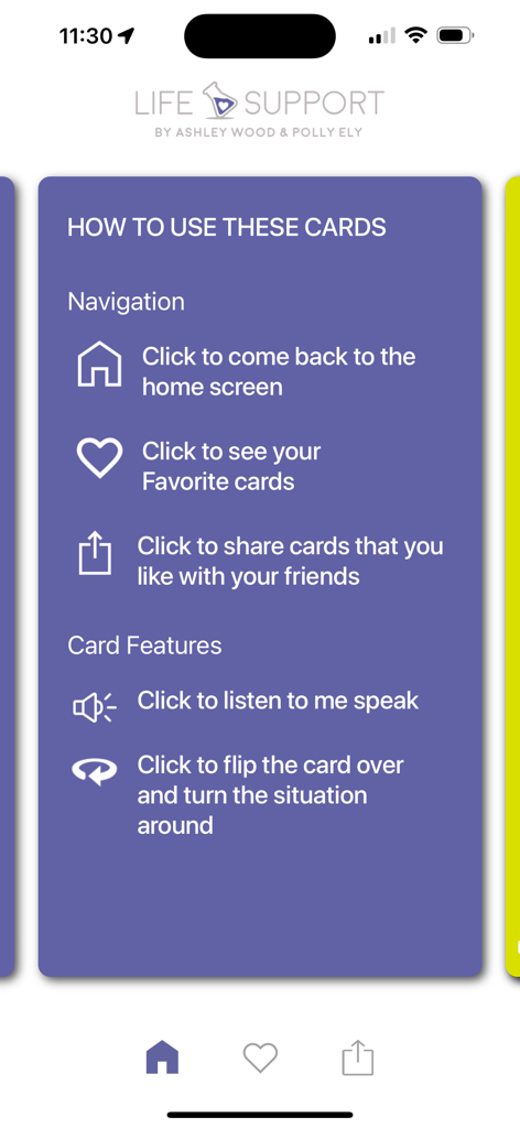 Life Support - Epilepsy - Tutorial screen of the Life Support Epilepsy app explaining navigation and card features