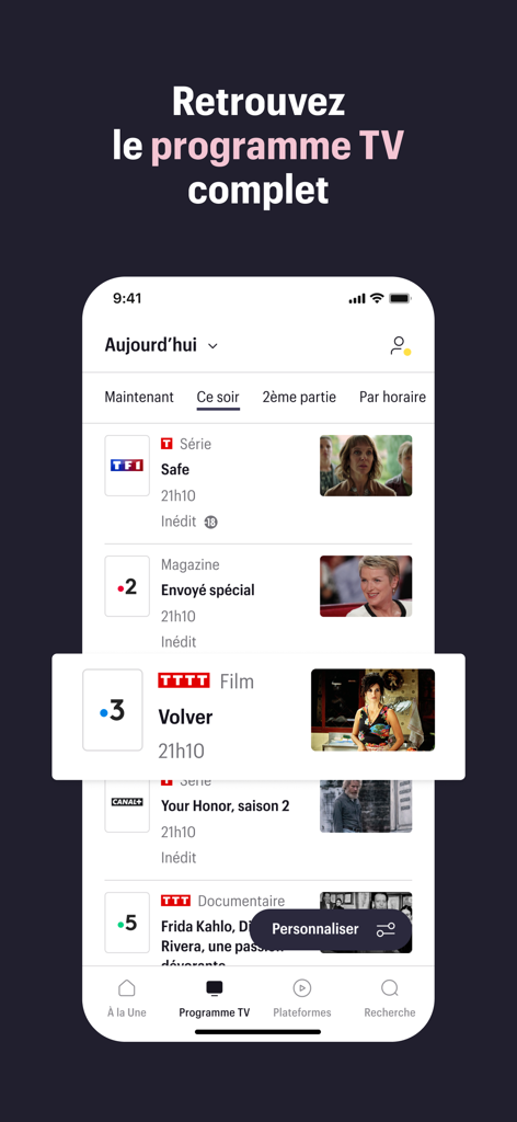 Télérama : culture, tv, cinéma - Telerama app TV guide interface showing program listings and editorial ratings.