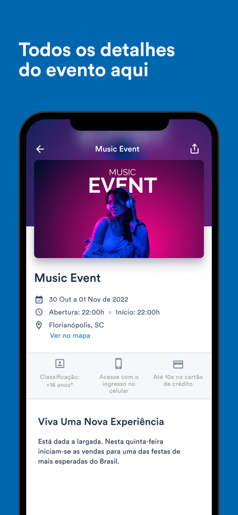 Interface of the Blueticket app showing detailed information for a music event including date location and ticket options