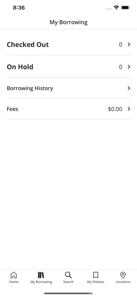 Edmonton Public Library - Screenshot of the My Borrowing screen in the Edmonton Public Library mobile app showing account status and borrowing history.