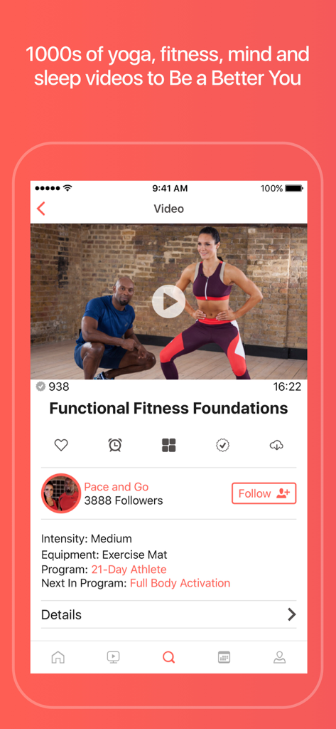 Grokker: Yoga, Fitness, Mind - Grokker mobile app showing a functional fitness workout video with instructors