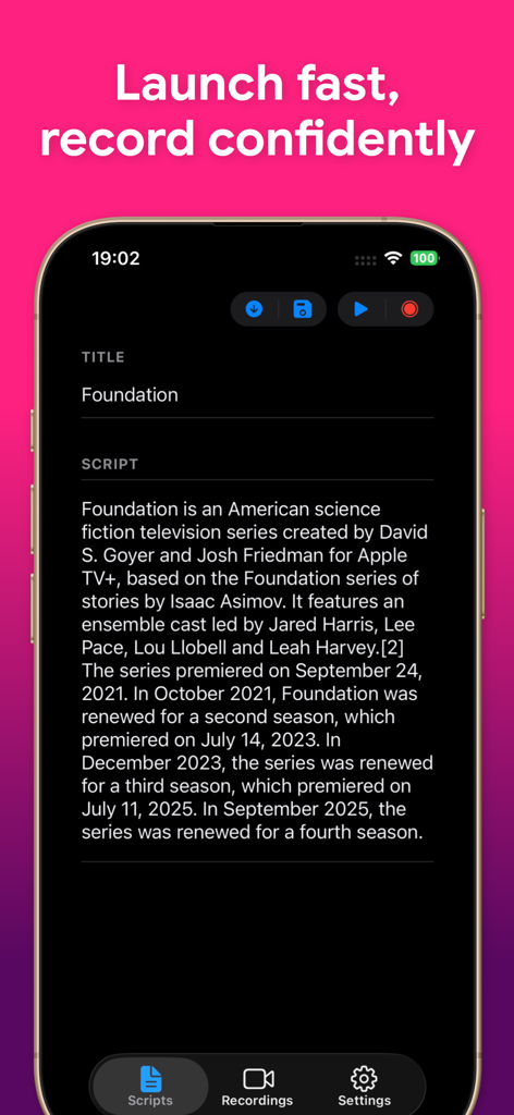 Teleprompter - Video Recording - Pantalla de la aplicación Teleprompter mostrando un guion titulado 'Foundation' con botones de reproducción y grabación