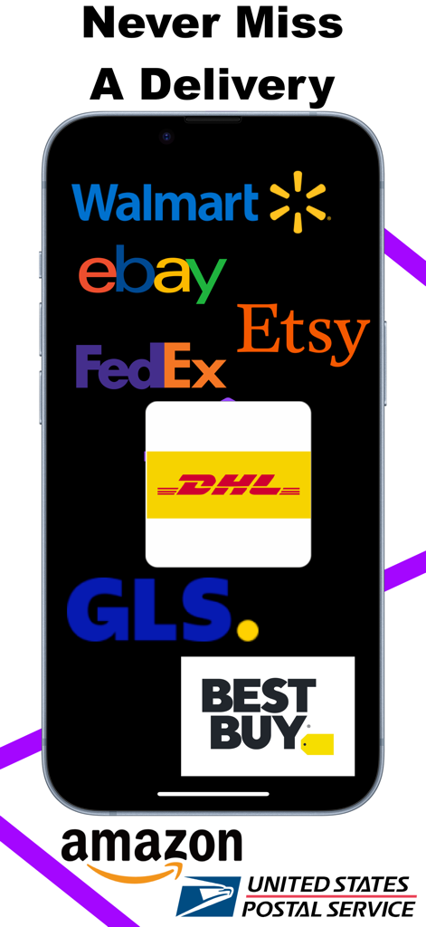 Package tracker for Fedex,UPS - Pantalla de smartphone que muestra logotipos de minoristas y servicios de entrega populares como Amazon, FedEx y USPS.