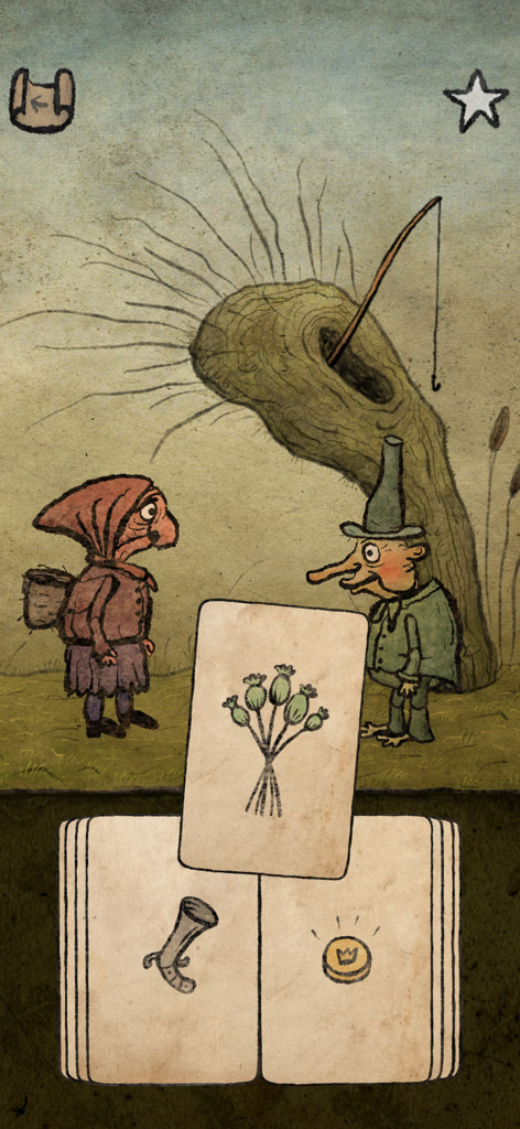 Pilgrims - Hand-drawn characters and item cards in the adventure game Pilgrims.