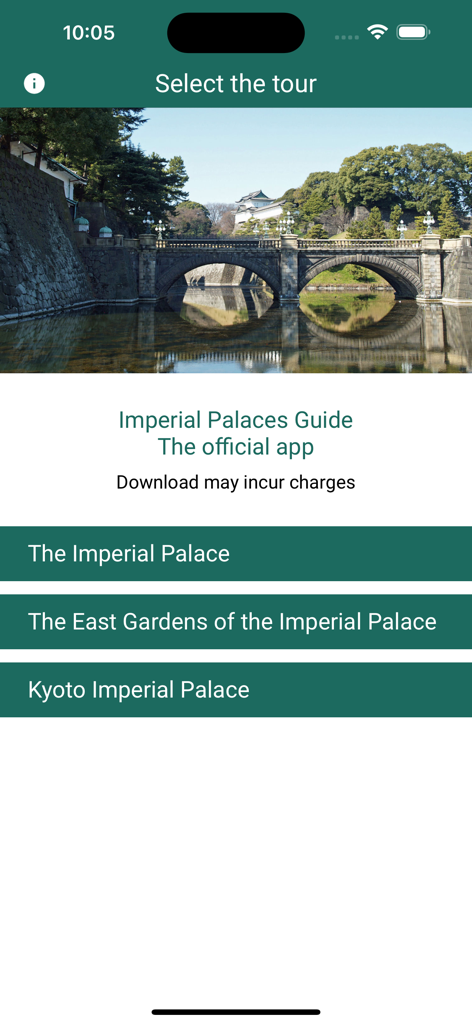 Imperial Palaces Guide - Tour selection screen of the official Imperial Palaces Guide app showing options for Tokyo and Kyoto palaces