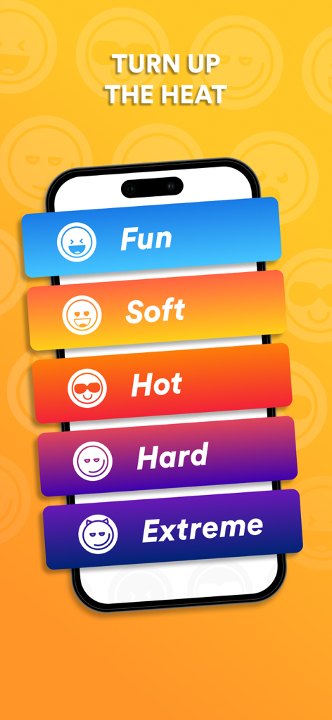 Truth or Dare ⋆ Dirty Game - Smartphone screen showing five difficulty levels for a truth or dare game from fun to extreme