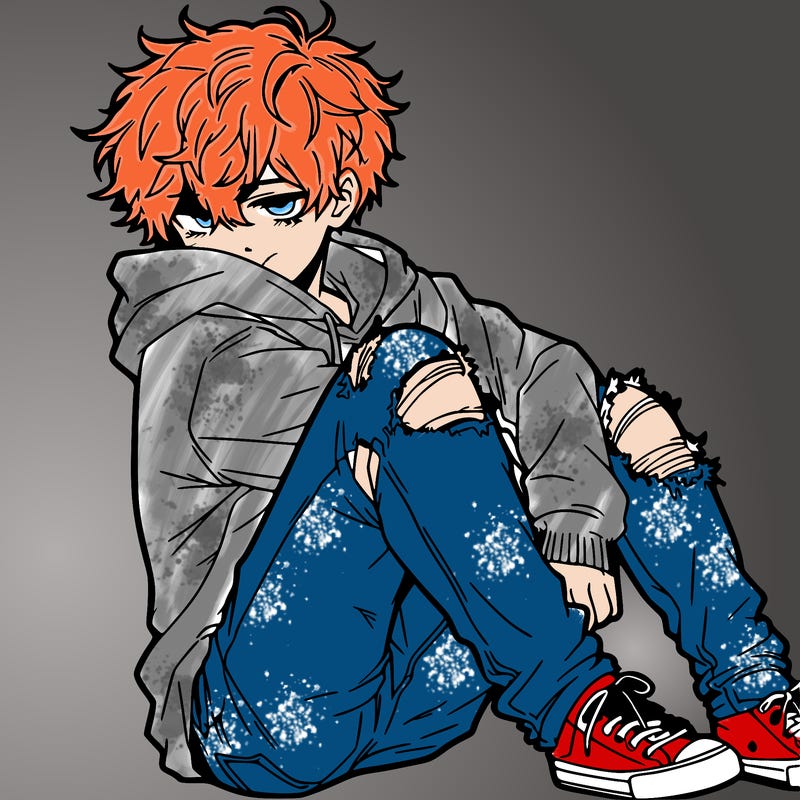 a male hoddie ripped jeans messy hair anime