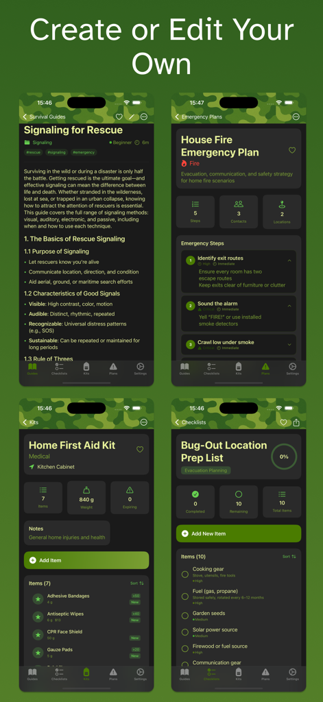 Survivalist app interface showing survival guides emergency plans and kit checklists