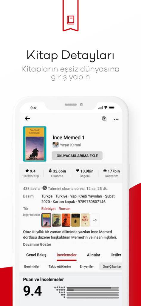 Screenshot of the 1000Kitap mobile app showing the book details page with ratings, reader statistics, and book metadata