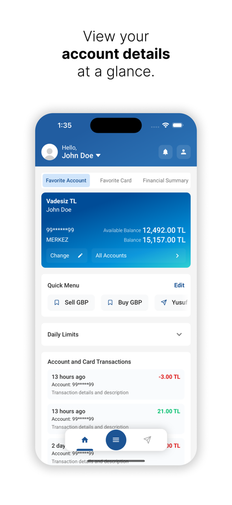 iktisatbank - Interfaz de la aplicación de banca móvil de Iktisatbank que muestra el saldo de la cuenta y el historial de transacciones.
