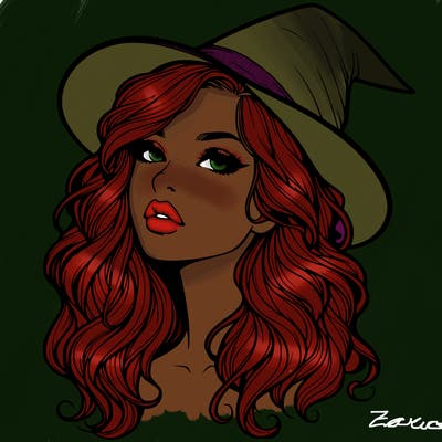 realistic witch girl with wavy hair and lips