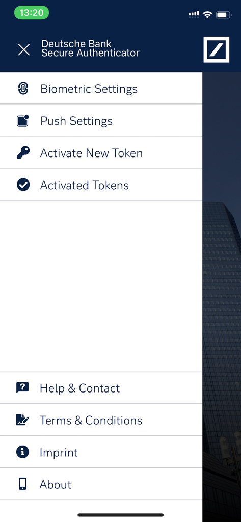 DB Secure Authenticator - Deutsche Bank Secure Authenticator app menu showing biometric settings push notifications and token management options