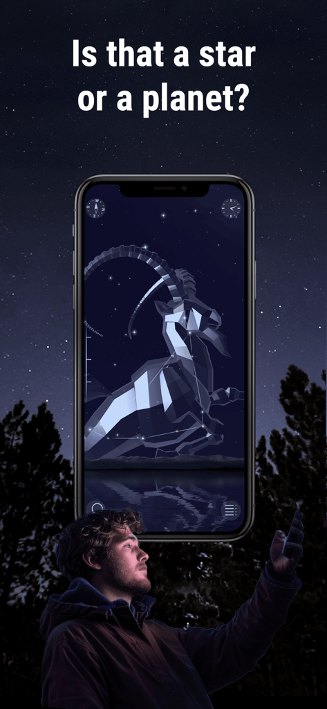 A man using the Star Walk 2 app on his phone to identify a constellation in the night sky