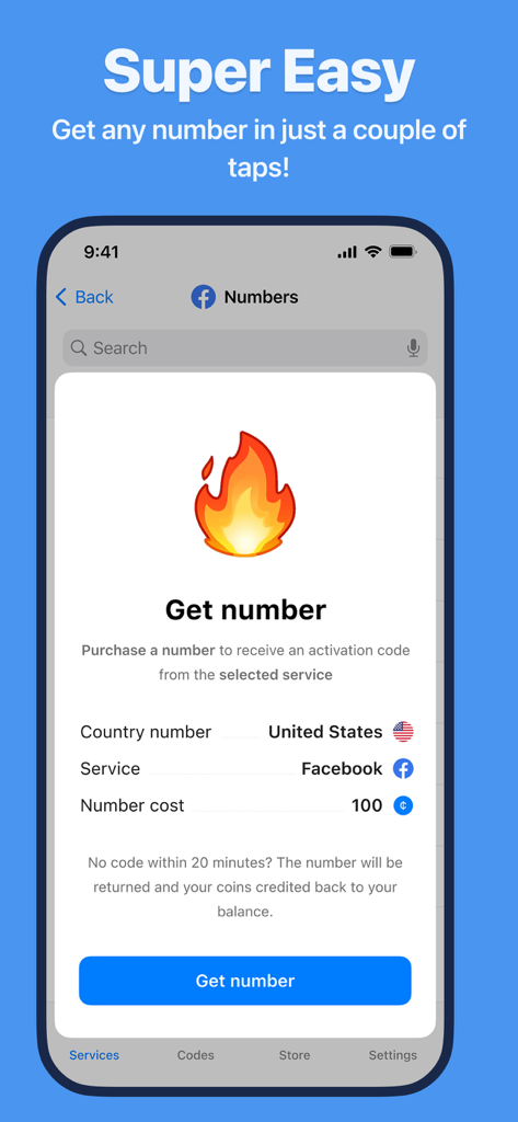 vCode: OTP & SMS Phone Number - Interface for selecting a temporary phone number for Facebook verification in the vCode app