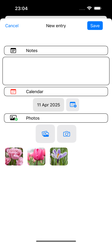 My garden year - Interface of the My garden year app showing the new entry screen with sections for notes, calendar date, and photo uploads of flowers.