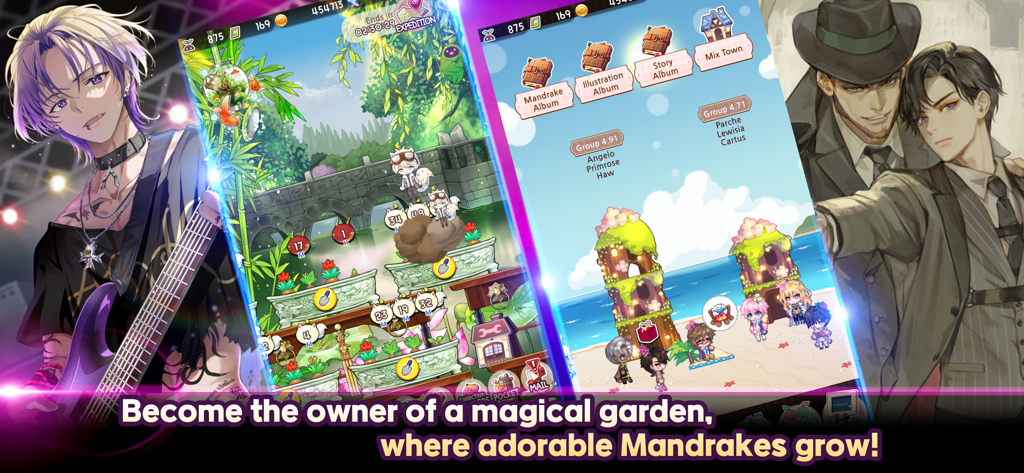 Mandrake Boys Global - Une image composite de Mandrake Boys Global présentant de beaux personnages d'anime et un jardin magique rempli de mandrakes chibi mignons