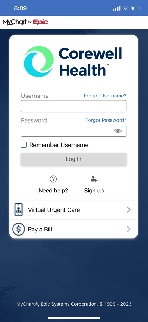 Tela de login do aplicativo móvel Corewell Health com campos de entrada de nome de usuário e senha