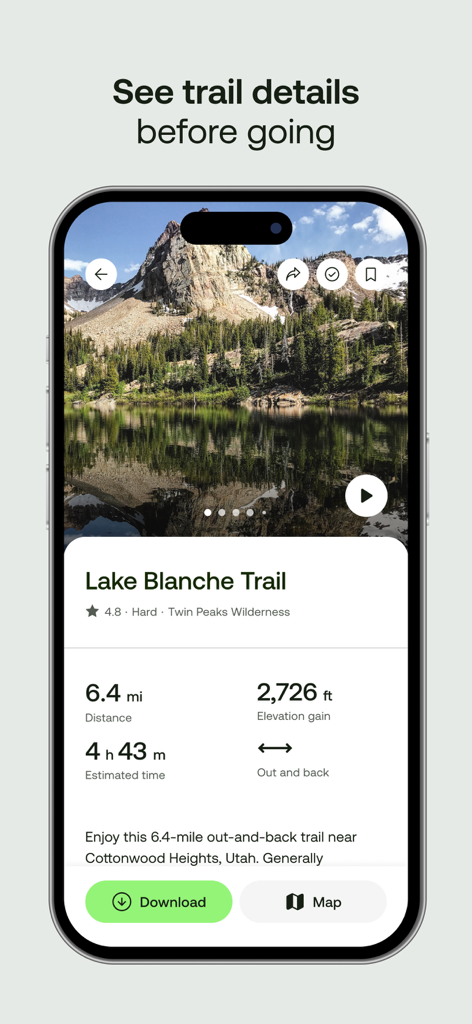 AllTrails app screen showing details for Lake Blanche Trail including distance and elevation gain