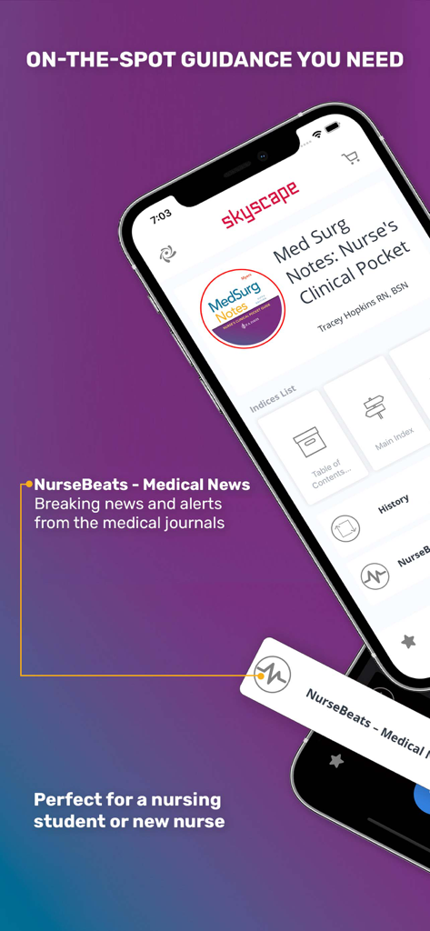 MedSurg Notes: Nurse Pkt Guide - Interfaz de la aplicación MedSurg Notes que muestra orientación clínica y noticias médicas para enfermeras