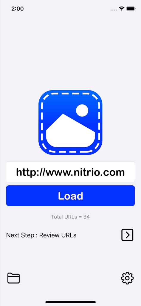 Main screen of Images Crawler app showing a URL input field and a blue Load button to start fetching website images