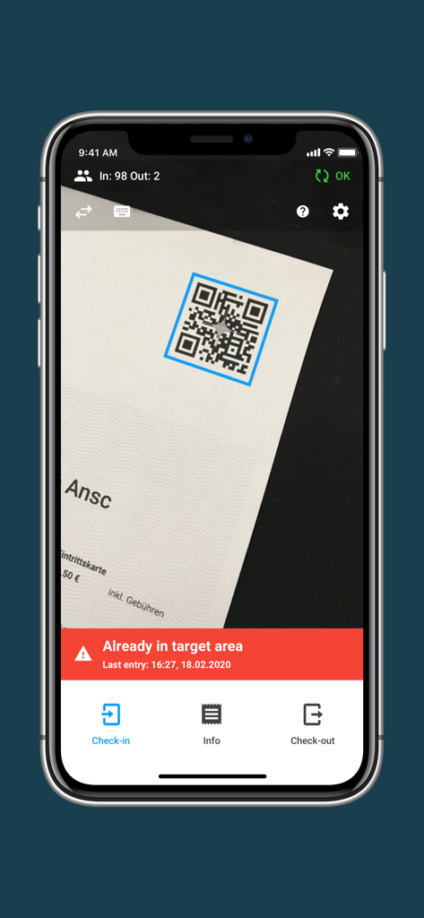 Access Scan-App - Schermata dello smartphone che utilizza l'App EVENTIM Access Scan per scansionare un biglietto mostrando un messaggio di avviso rosso che indica che il biglietto è già stato utilizzato per l'ingresso
