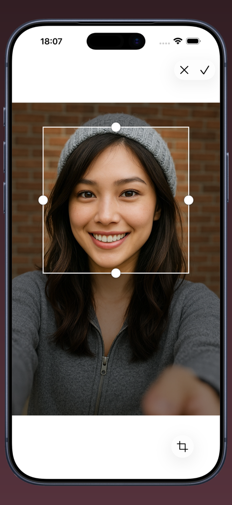 Photo Flipper - selfie mirror - A woman's selfie being cropped inside the Photo Flipper app using a white frame with adjustment handles
