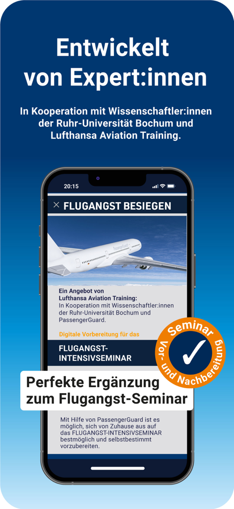 PassengerGuard: Flugangst - Pantalla de la aplicación PassengerGuard que destaca la asociación con Lufthansa Aviation Training y expertos universitarios.