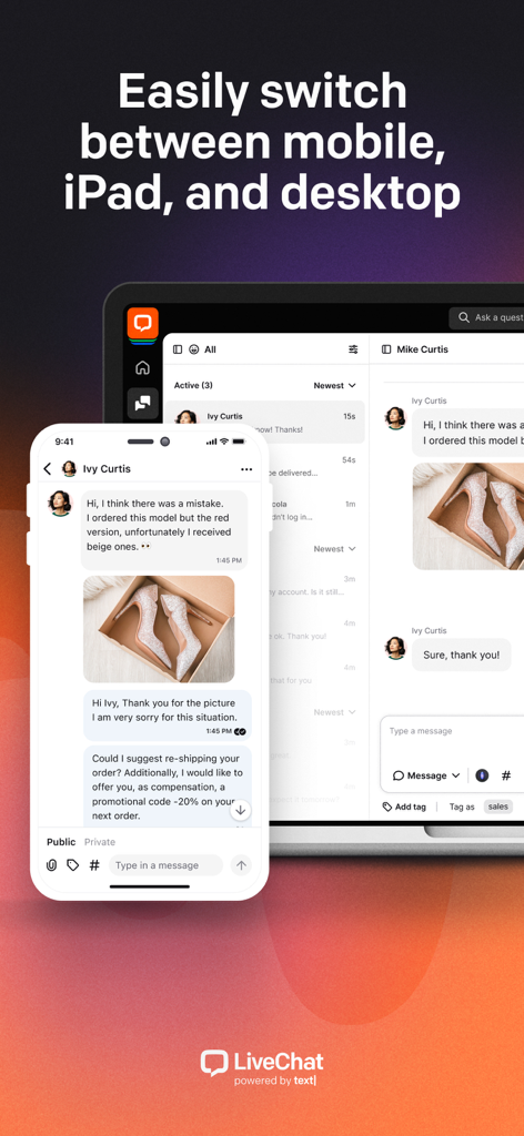 LiveChat app interface displayed on both a smartphone and a laptop showing cross-platform synchronization