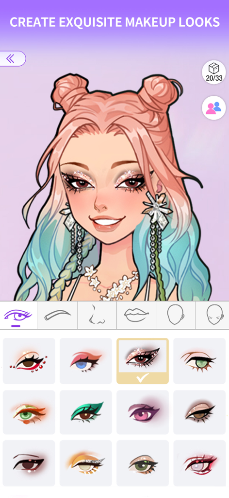 DIY makeup customization screen in SuitU app showing a stylized avatar and various eye makeup options