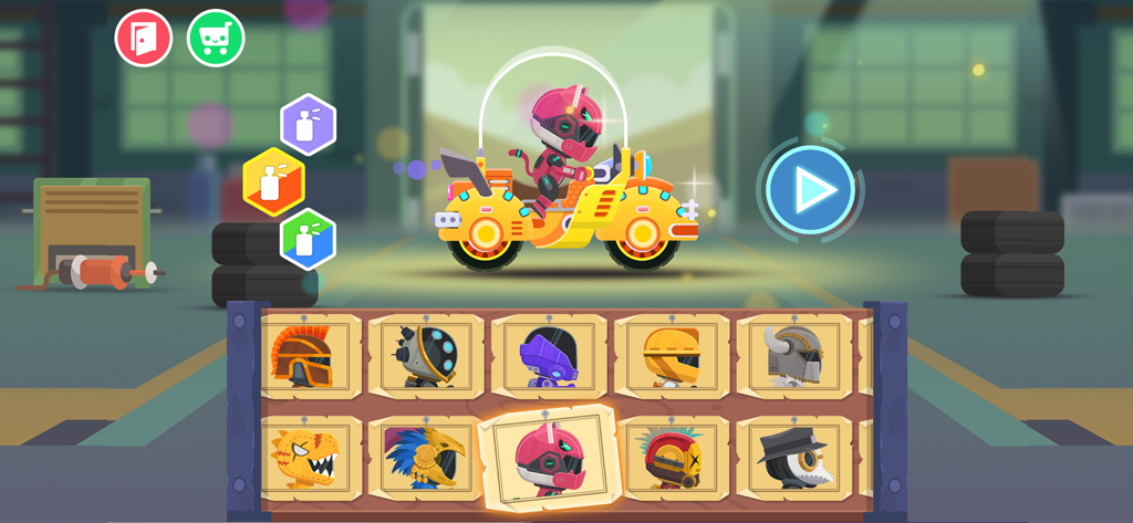 Car Racing Go Games for kids - Car Racing Goで、黄色いオートバイに乗ったピンクのロボットドライバーが登場するキャラクター選択画面。